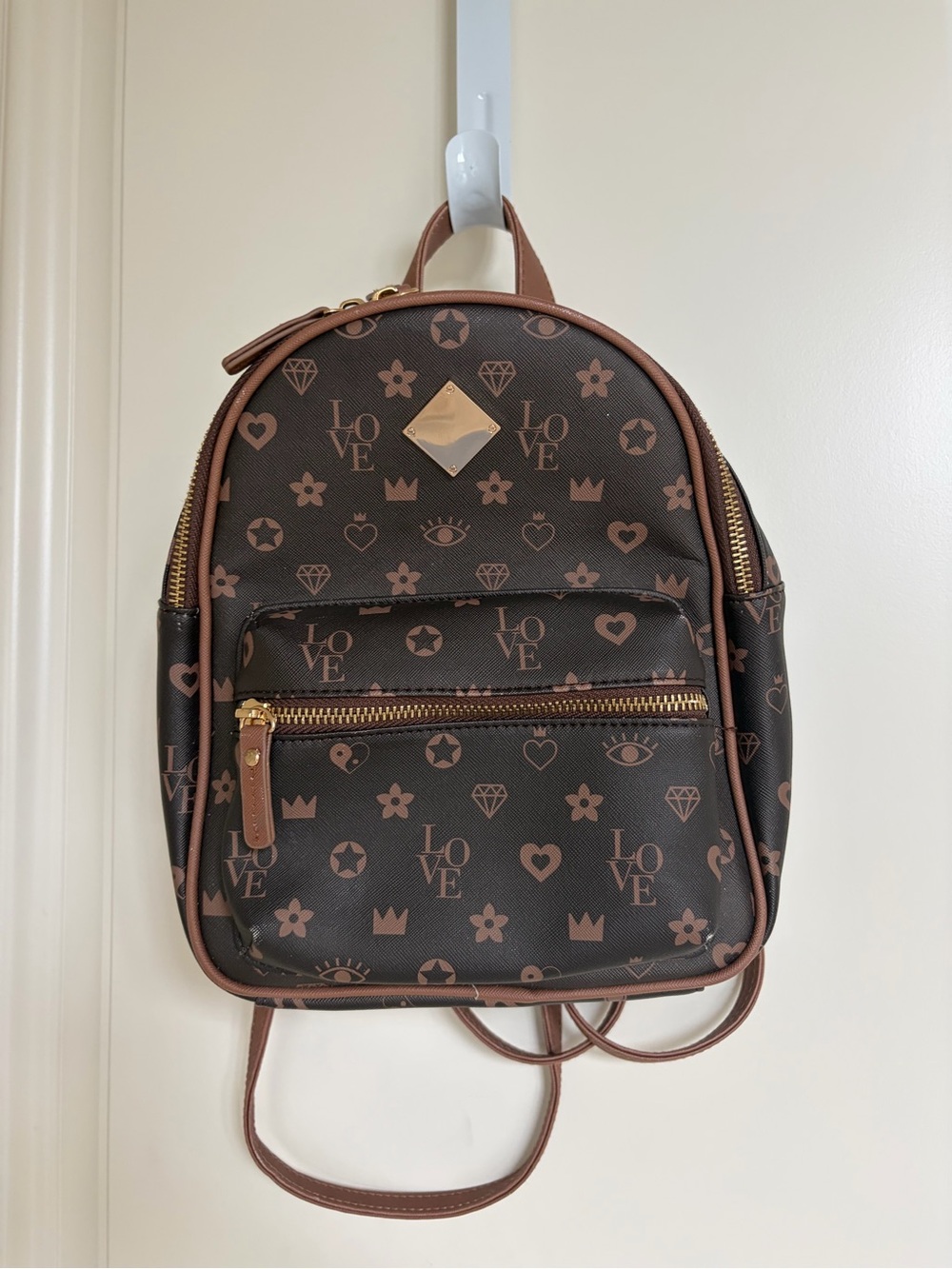 Claire’s Mini Backpack Purse Brown Love Print Faux Leather Backpack